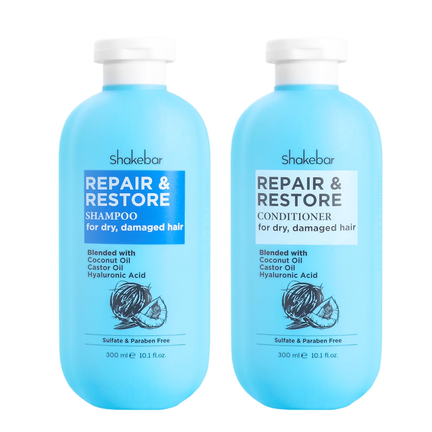 Shakebar Coconut Shampoo bottle highlights moisturizing oils for soft, manageable hair.