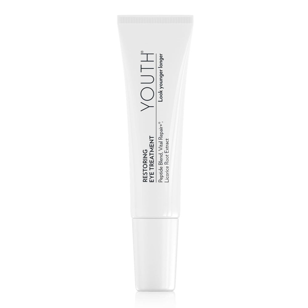 Shaklee YOUTH Restoring Eye Cream packaging close-up, highlighting premium eye care support.