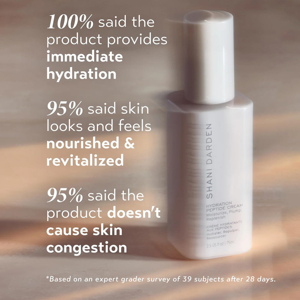 Packaging of SHANI DARDEN Hydration Peptide Cream displays cruelty-free vegan branding.