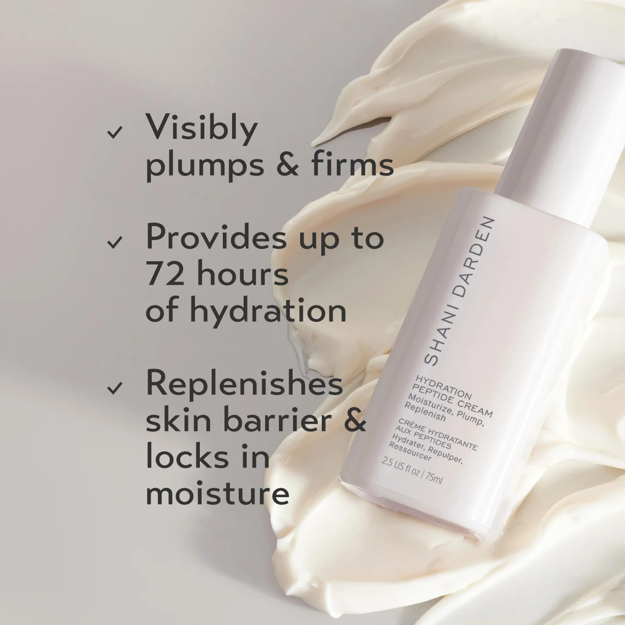 Texture swatch of SHANI DARDEN Hydration Peptide Cream highlights lightweight finish.