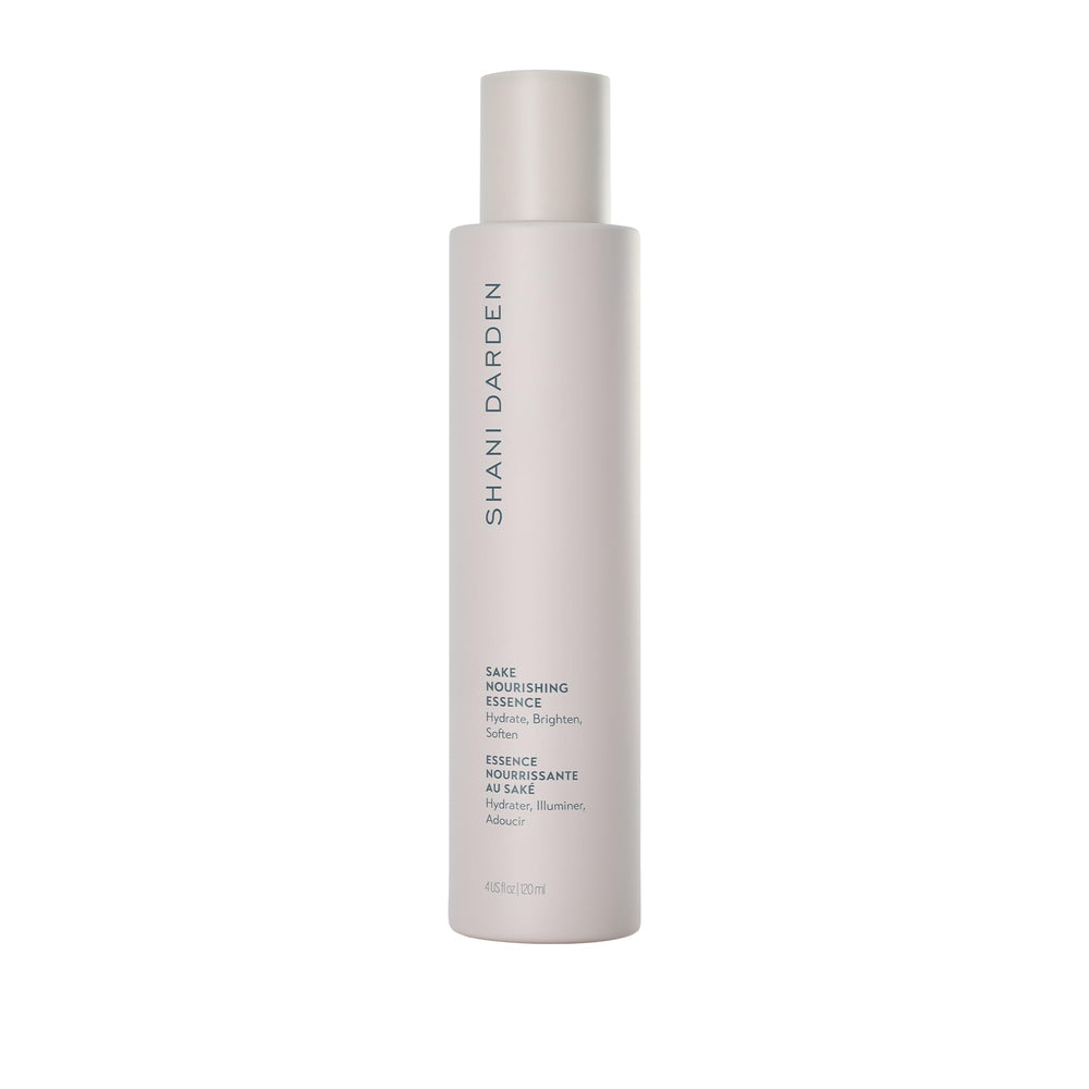 Shani Darden Sake Nourishing Essence bottle close-up showcases hydration and calm for dehydrated skin