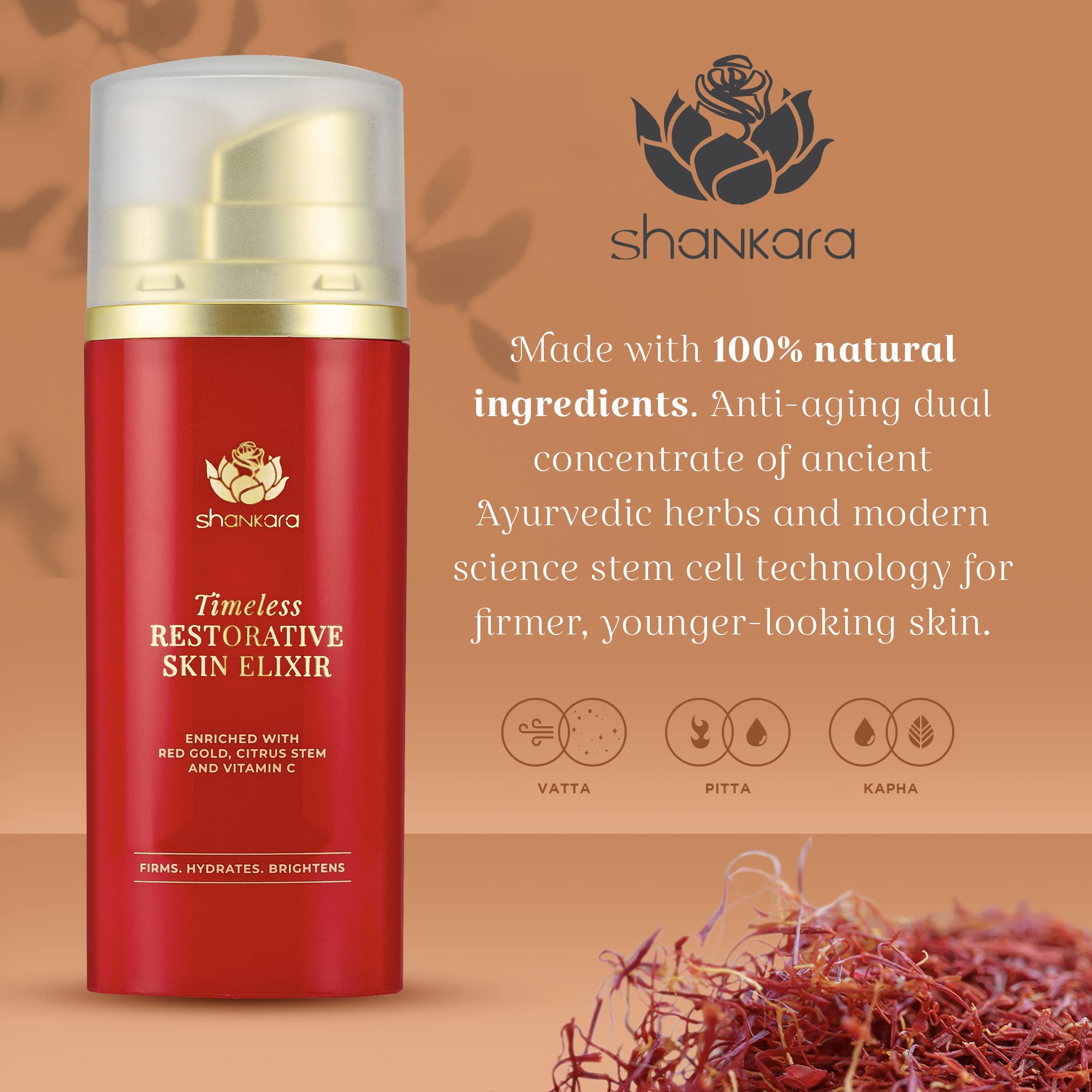 Shankara Kumkumadi Oil closeup highlighting 32 flowers and nourishing blend for radiant skin.