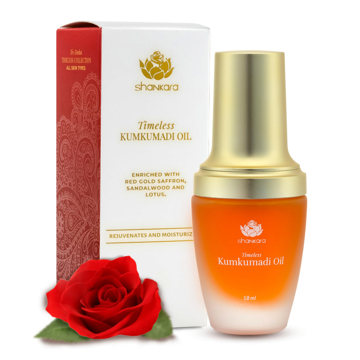 Shankara Kumkumadi Oil bottle close-up with rose aroma and glow