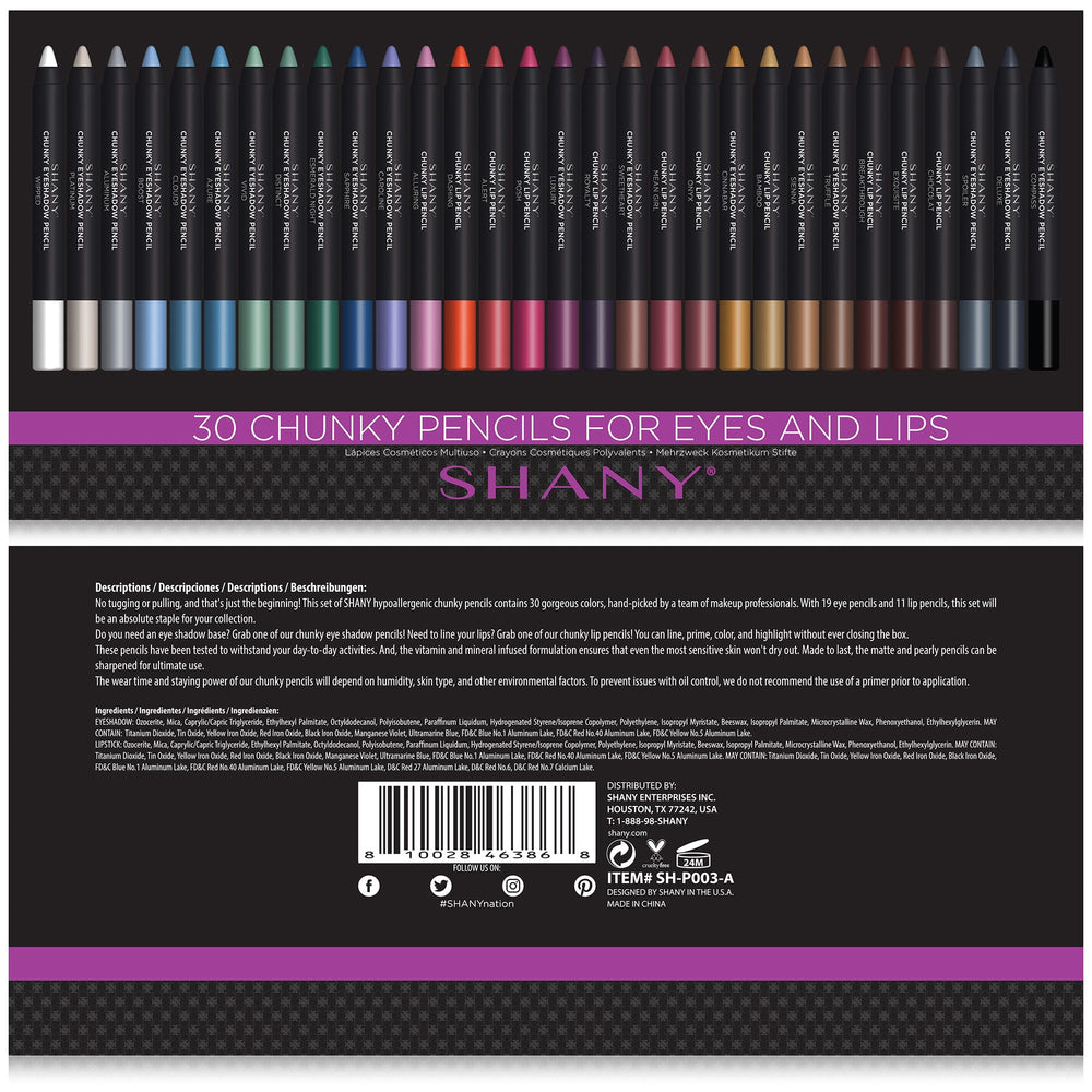 SHANY Chunky pencils color swatches show 30 vibrant options for creative makeup