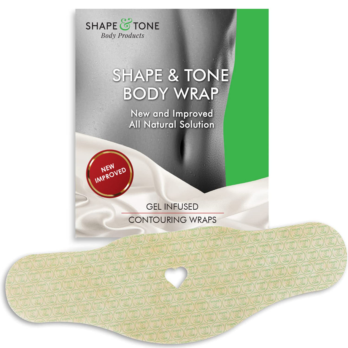 Shape and Tone Contouring Wrap bottle closeup showing all natural formula for smoother skin