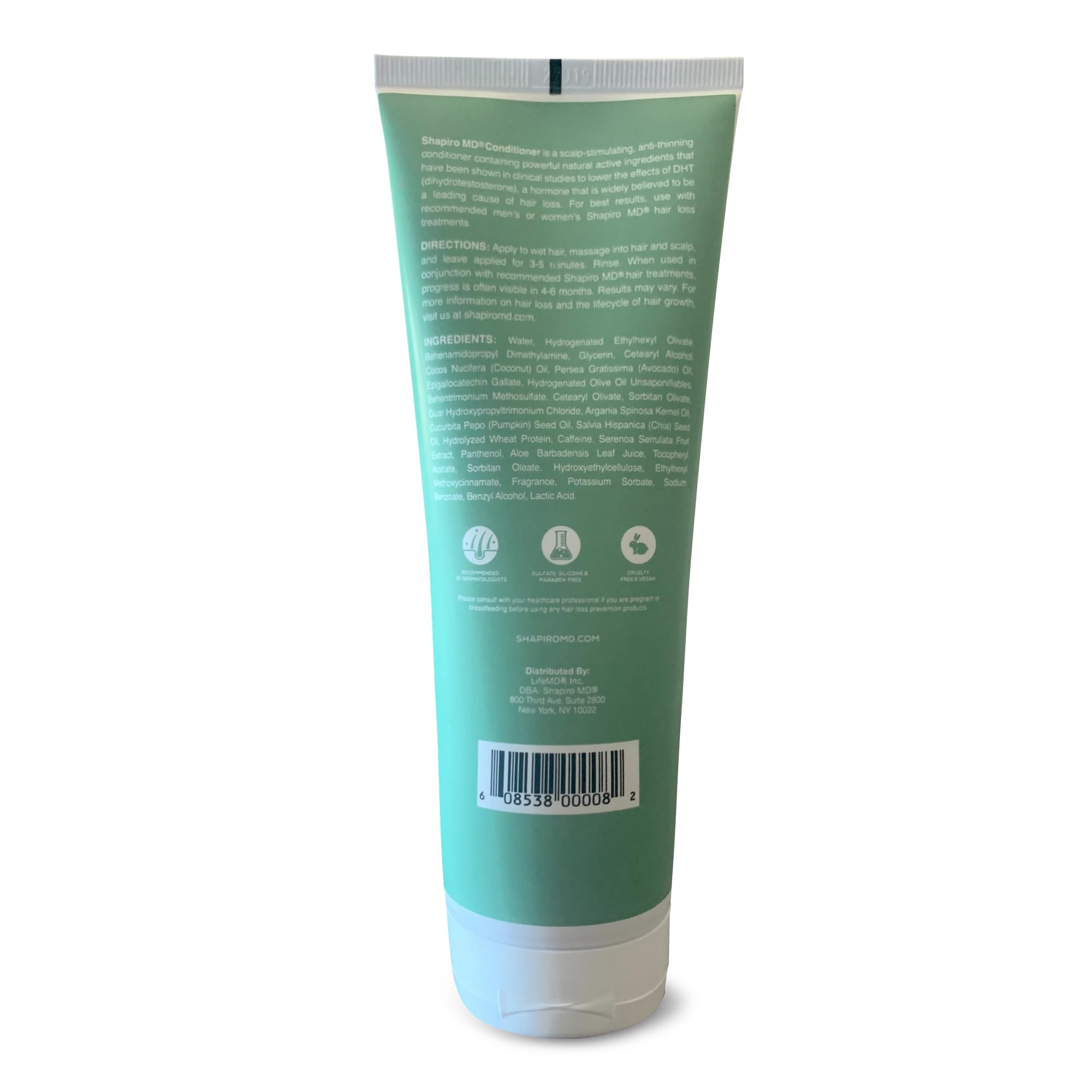 Shapiro MD conditioner beside damp hair for fuller look.