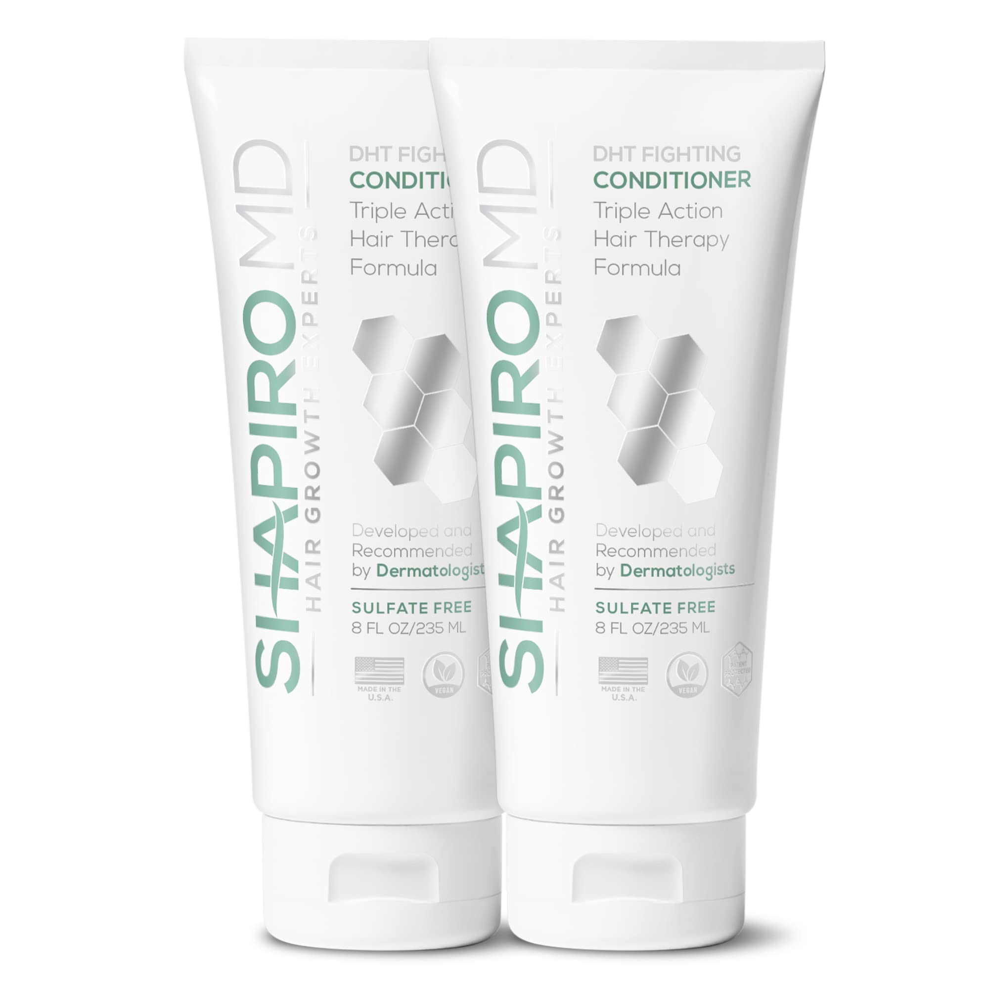 Shapiro MD Hair Growth Experts conditioner bottle pouring for scalp hydration.