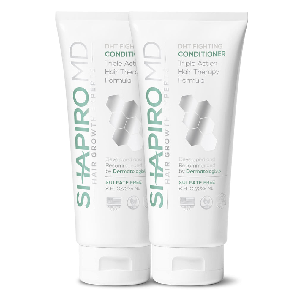 Shapiro MD Hair Growth Experts conditioner bottle pouring for scalp hydration.