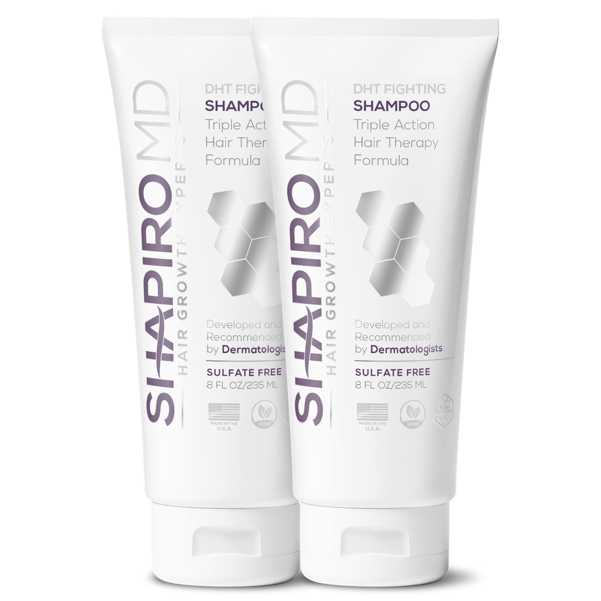 Shapiro MD Hair Growth Experts shampoo bottle pour demonstrates easy daily cleansing use.