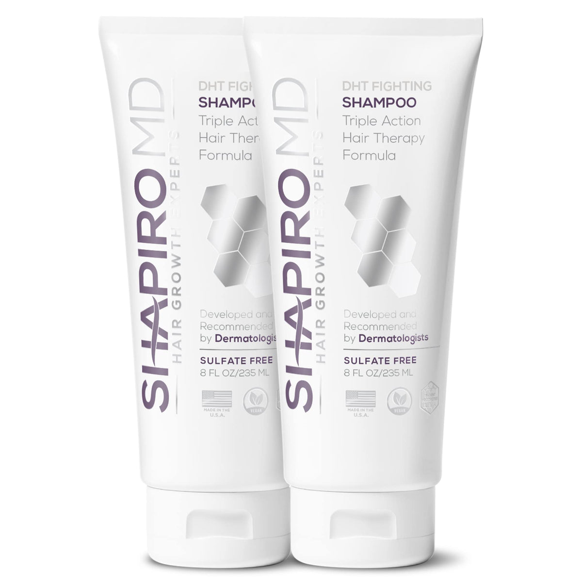 Shapiro MD Hair Growth Experts shampoo bottle pour demonstrates easy daily cleansing use.