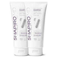 Shapiro MD Hair Growth Experts shampoo bottle pour demonstrates easy daily cleansing use.