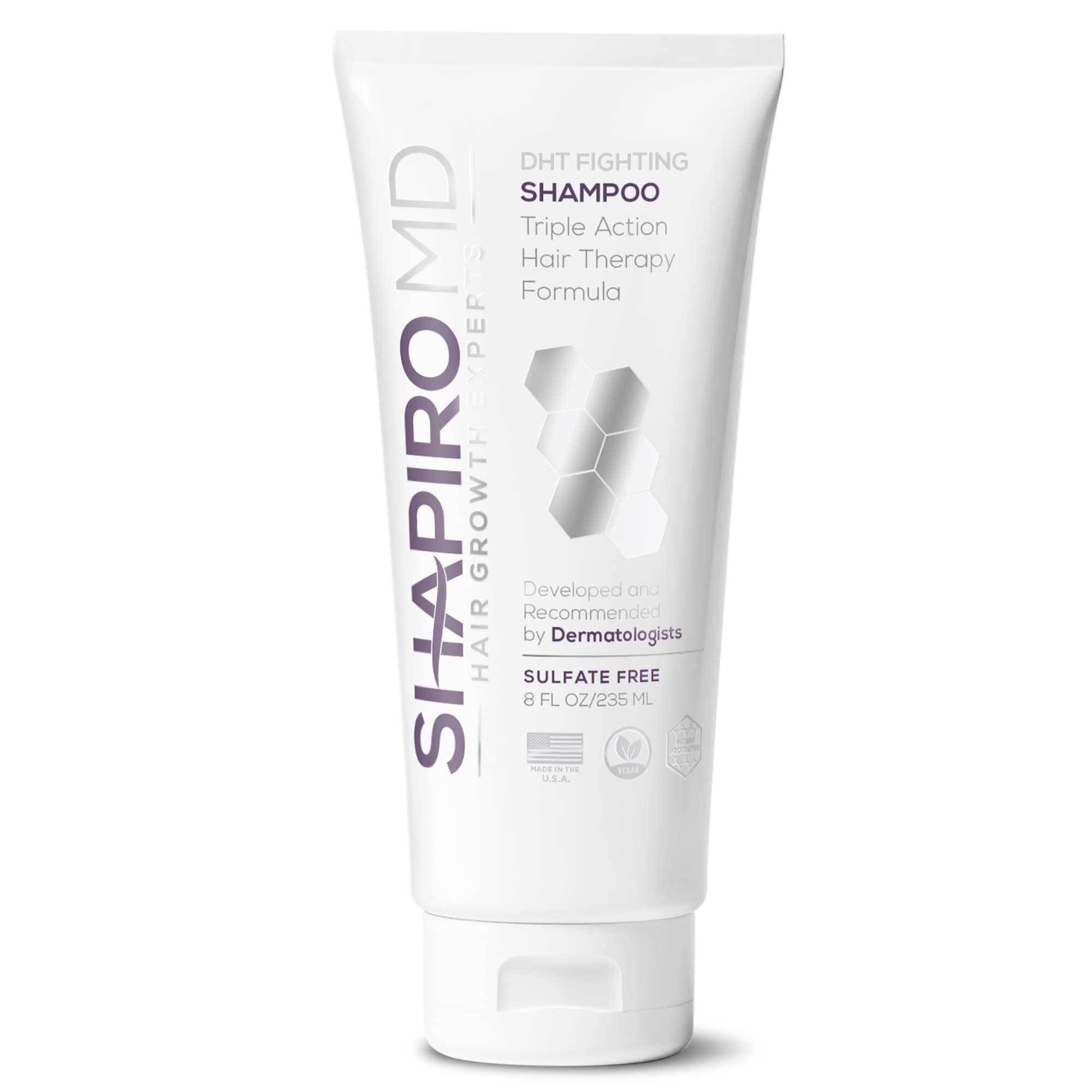 Shapiro MD shampoo bottle shows vegan DHT fighting formula for fuller hair