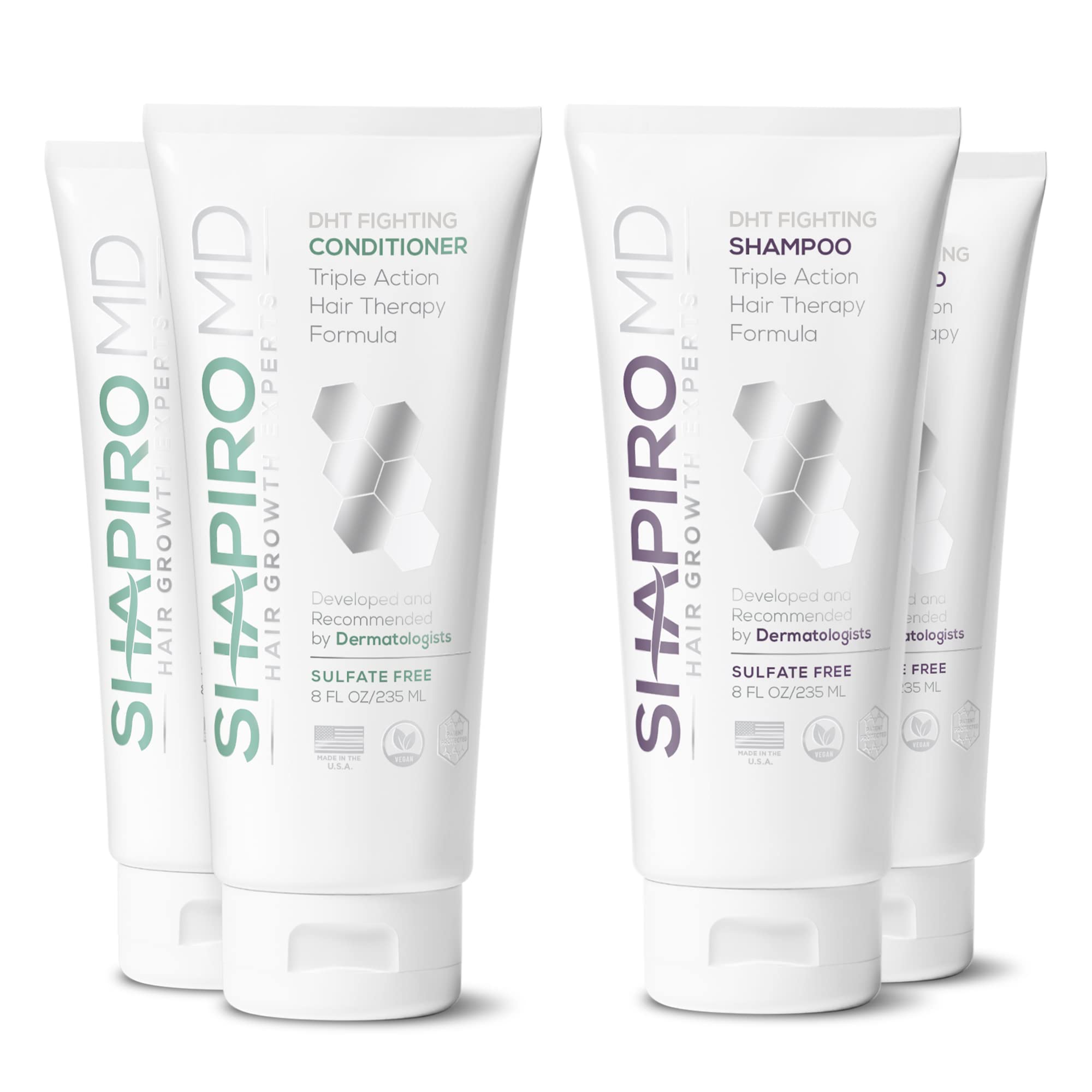 Shapiro MD Hair Growth Experts shampoo bottle promotes daily cleansing with vegan DHT-supporting formula.