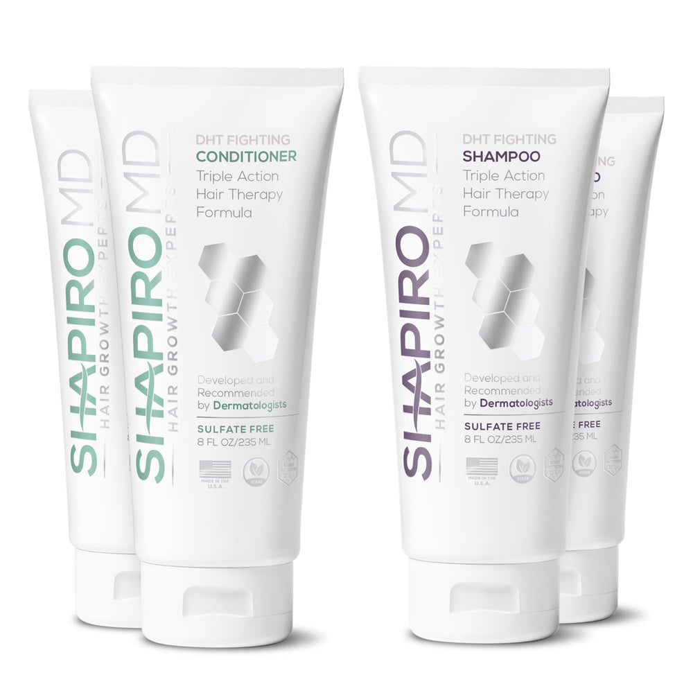 Shapiro MD Hair Growth Experts shampoo bottle promotes daily cleansing with vegan DHT-supporting formula.