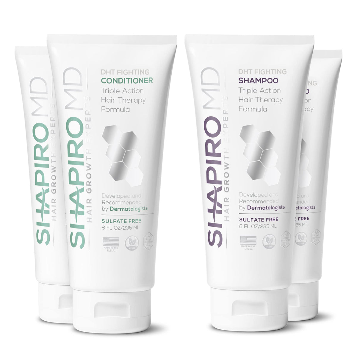 Shapiro MD Hair Growth Experts shampoo bottle promotes daily cleansing with vegan DHT-supporting formula.
