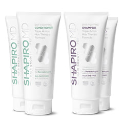 Shapiro MD Hair Growth Experts shampoo bottle promotes daily cleansing with vegan DHT-supporting formula.