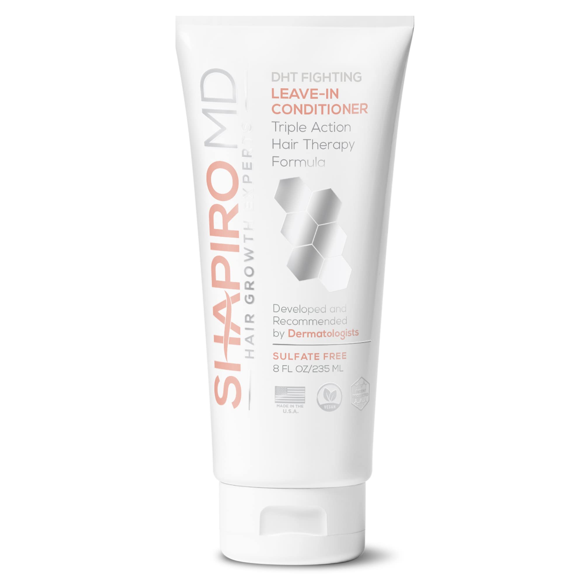 Shapiro MD Leave-In Conditioner bottle close-up for scalp nourishment.