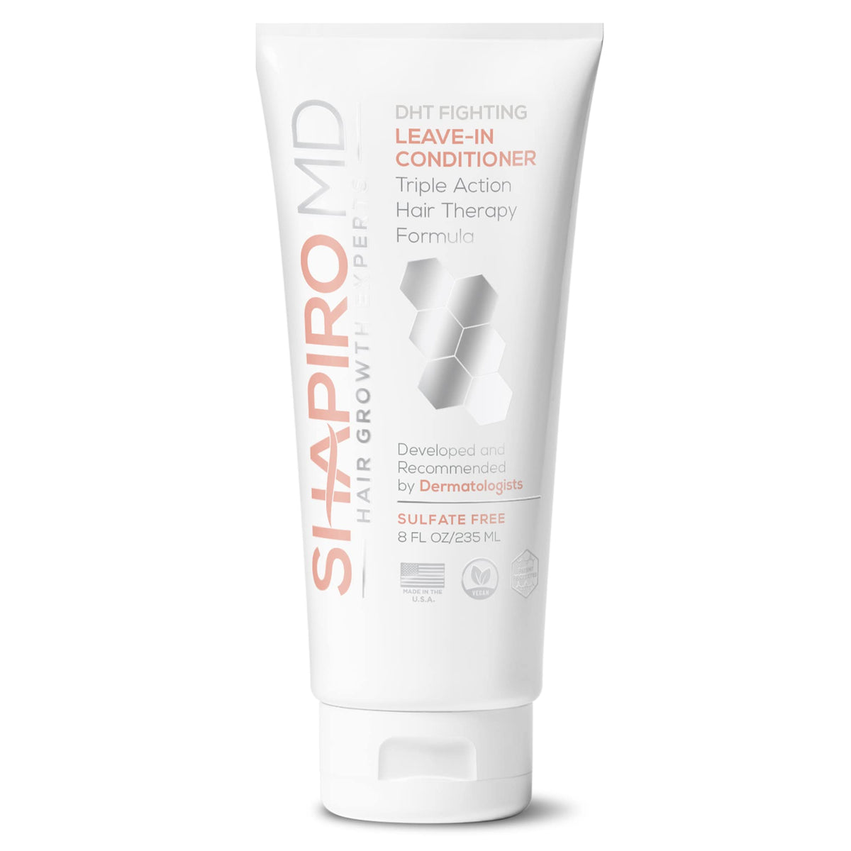 Shapiro MD Leave-In Conditioner bottle close-up for scalp nourishment.
