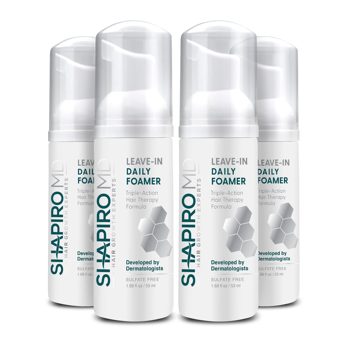 Shapiro MD leave-in daily foam bottle on bathroom shelf showing ongoing scalp protection