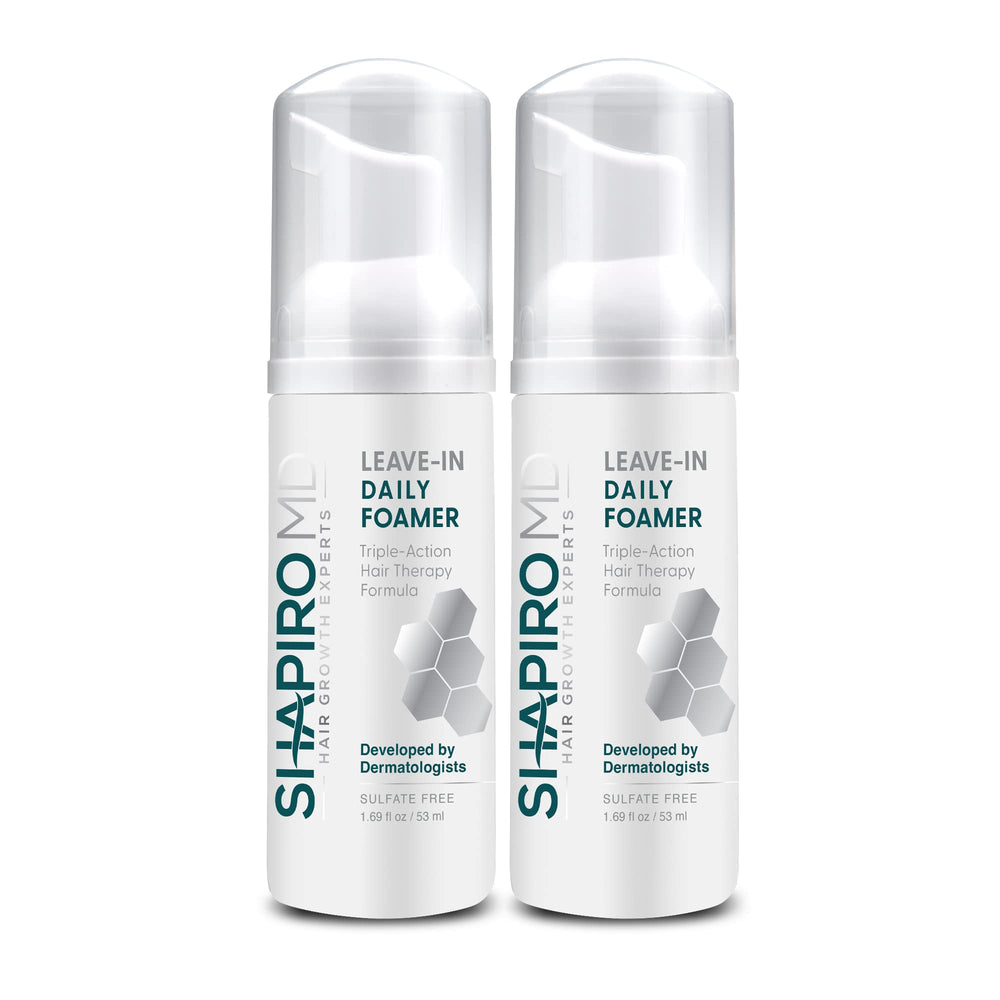Shapiro MD Leave-In Foam bottle on bathroom counter for daily use and fuller-looking hair.