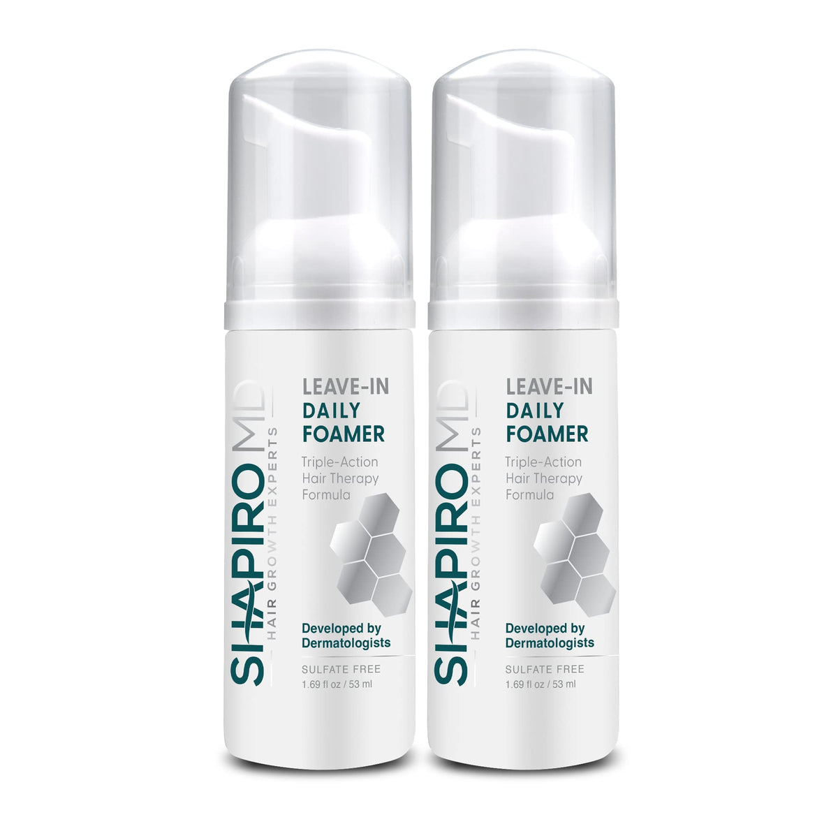Shapiro MD Leave-In Foam bottle on bathroom counter for daily use and fuller-looking hair.
