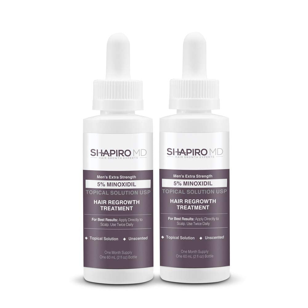 Shapiro MD Minoxidil bottle on a clean surface for scalp hair growth support.