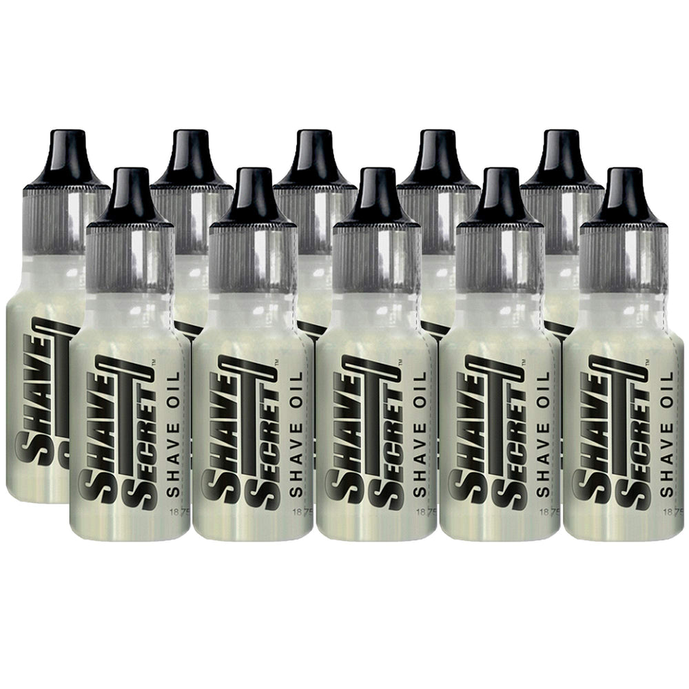 Shave Secret shaving oil bottle shown, for silky shave and skin comfort