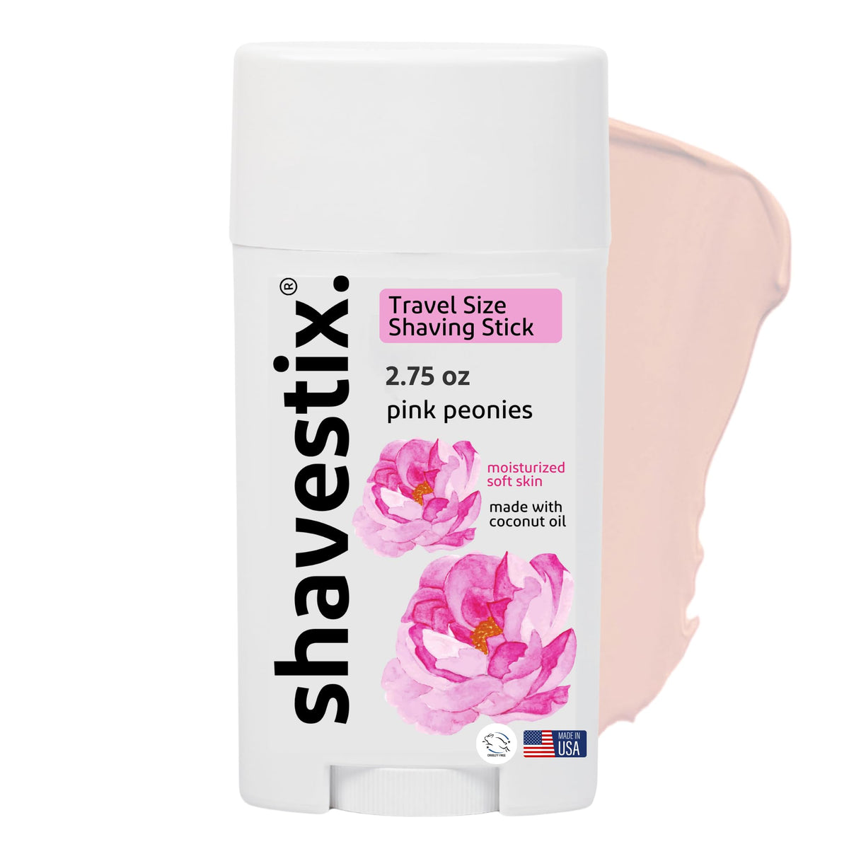 Shavestix travel size shaving stick with pink peonies label for mess-free travel grooming.