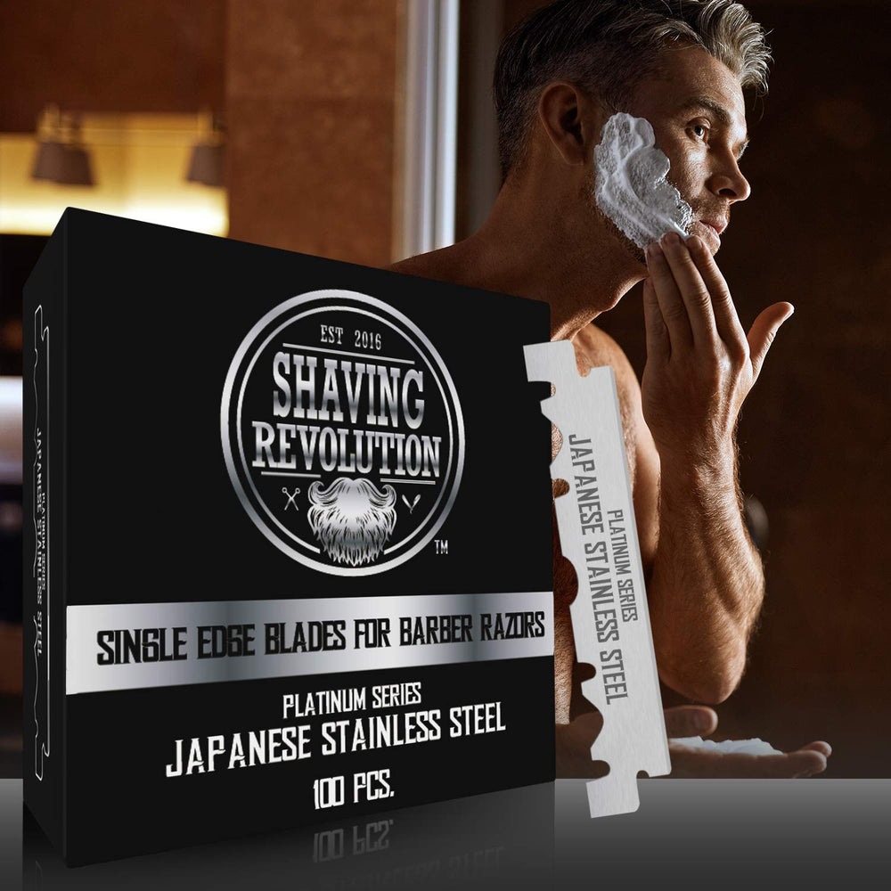 SHAVING REVOLUTION packaging with blades ready for barbershop-ready use.