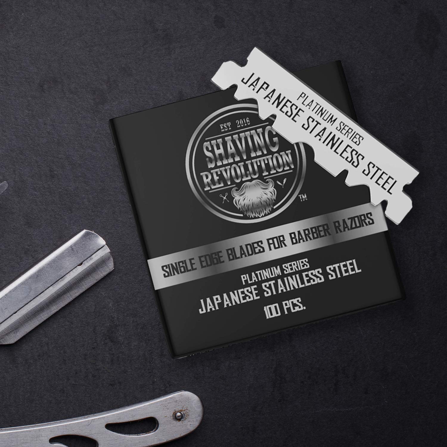 SHAVING REVOLUTION platinum-coated steel emphasizes long-lasting performance.