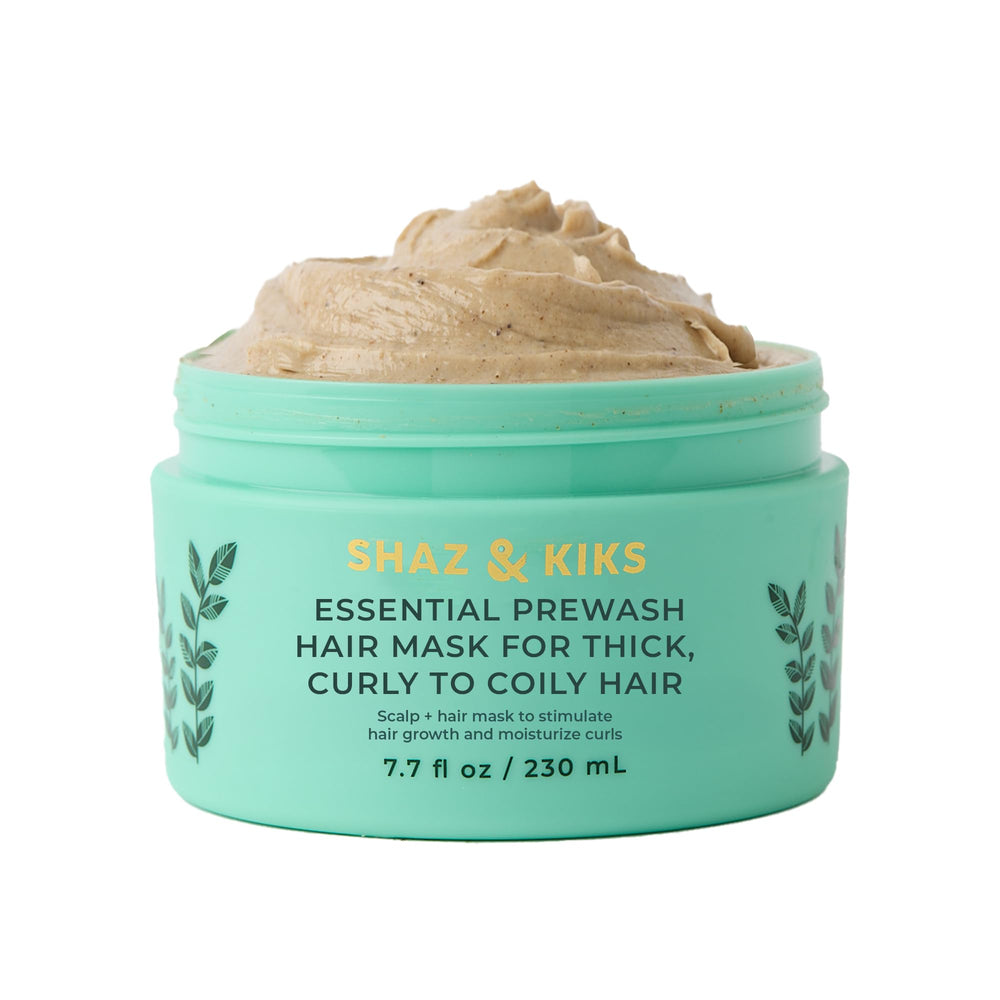 SHAZ & KIKS Essential Prewash Mask bottle front highlights color-safe curly care.