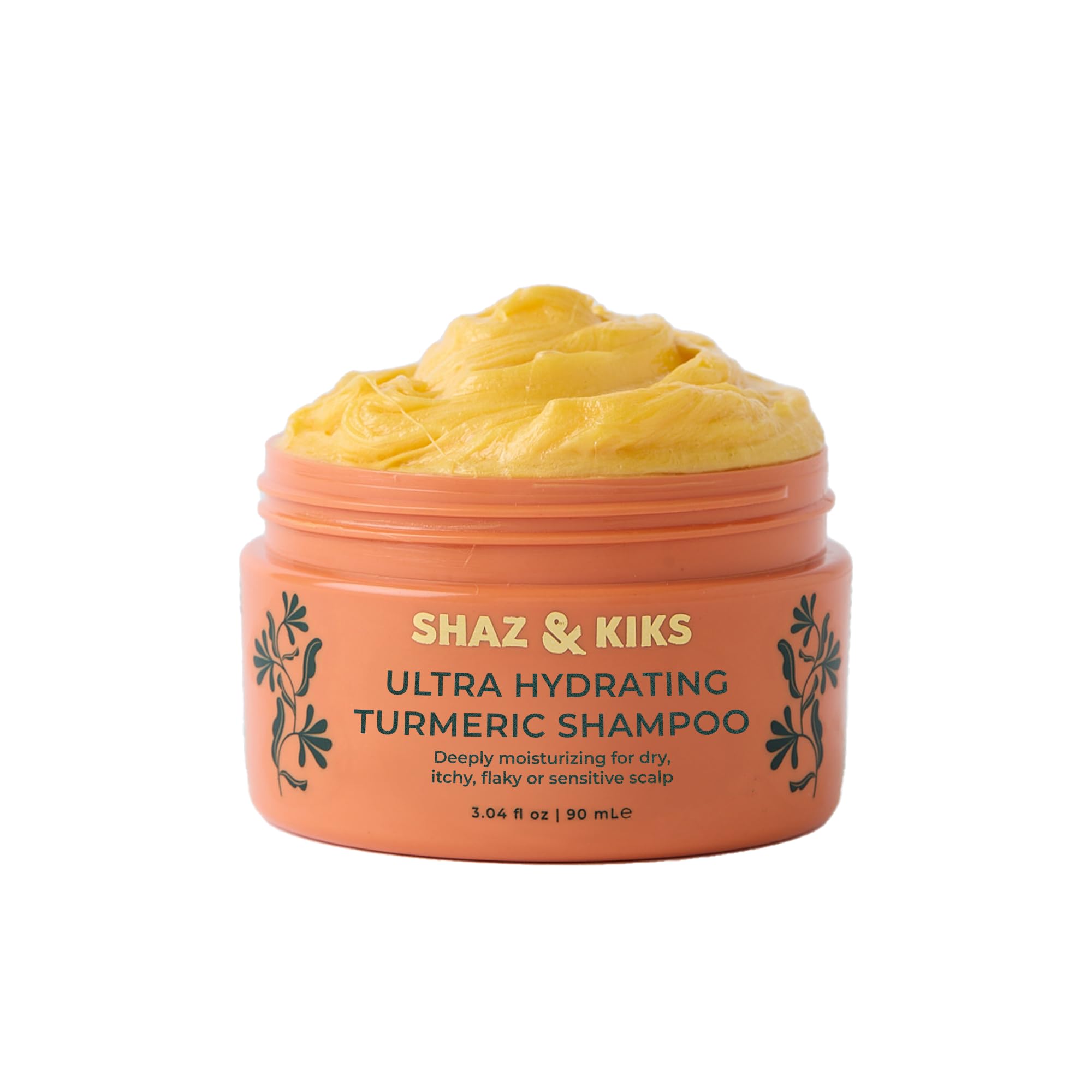 SHAZ & KIKS Ultra Hydrating Turmeric Shampoo bottle delivers lasting moisture for a soft, healthy scalp.