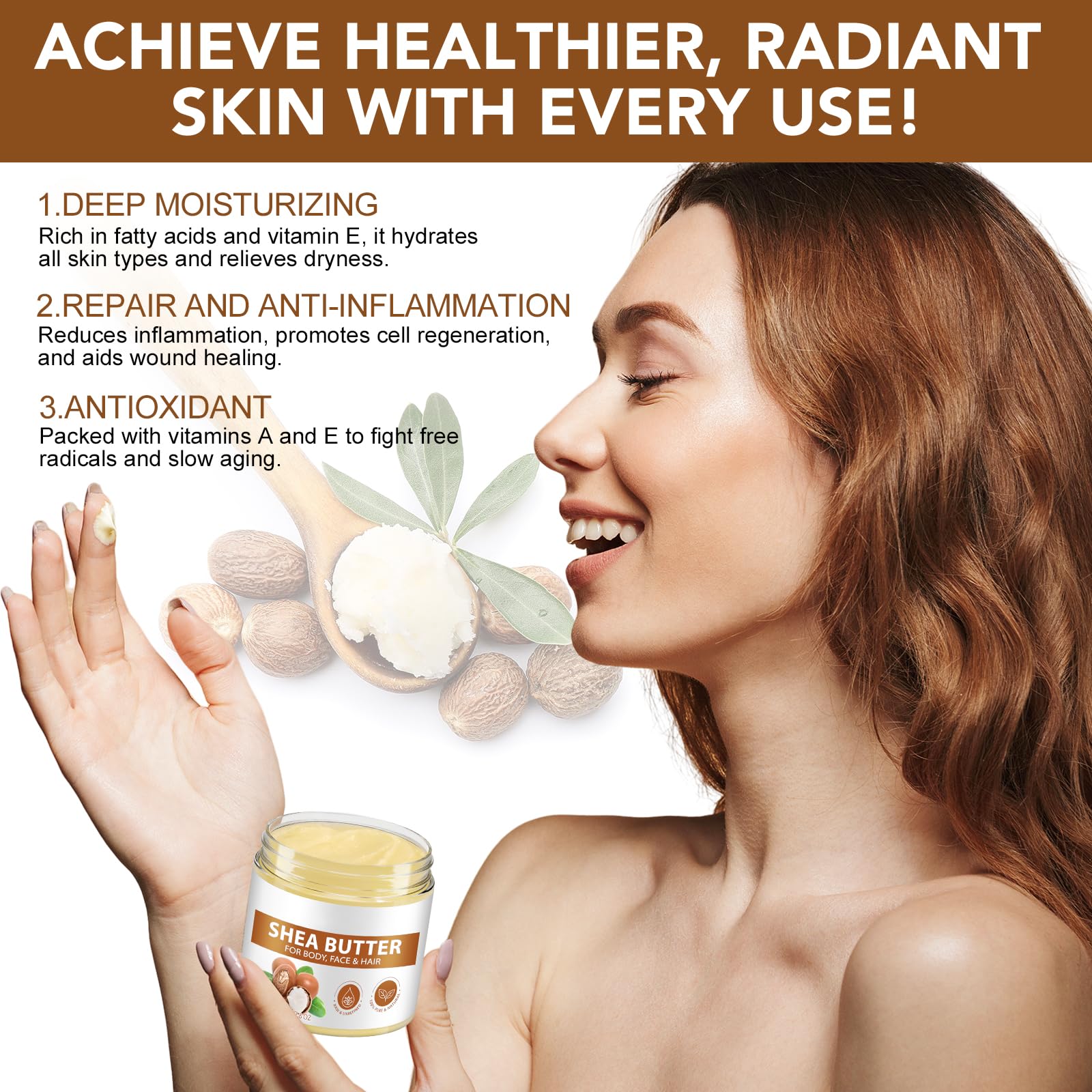 Cruelty-free vegan-safe raw shea butter for sensitive skin.