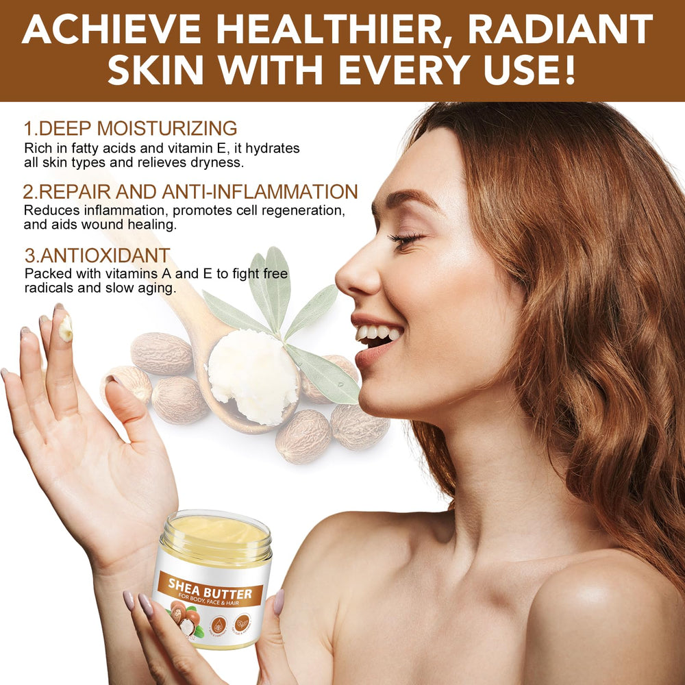 Cruelty-free vegan-safe raw shea butter for sensitive skin.