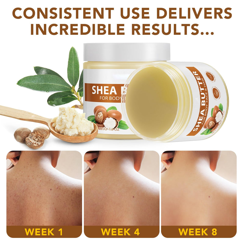 Natural nourishment from raw shea butter for dry skin and hair softness.