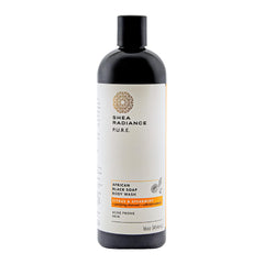Shea Radiance African Black Soap Body Wash bottle for detoxifying and moisturizing skin.