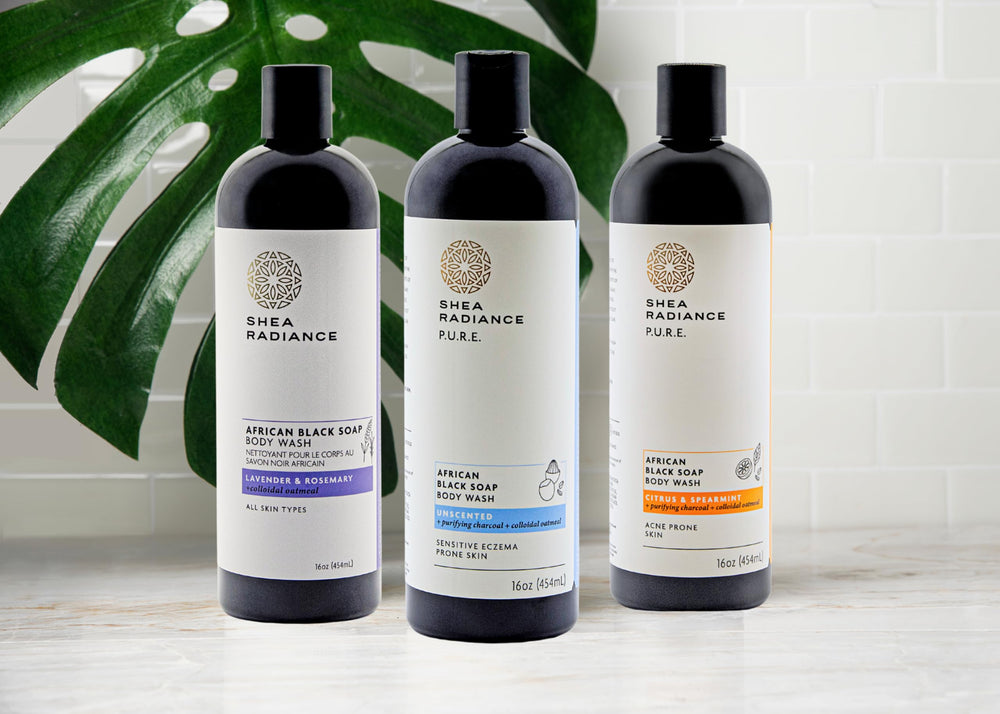 Wet-skin scene illustrating rinse-off cleansing experience with Shea Radiance.