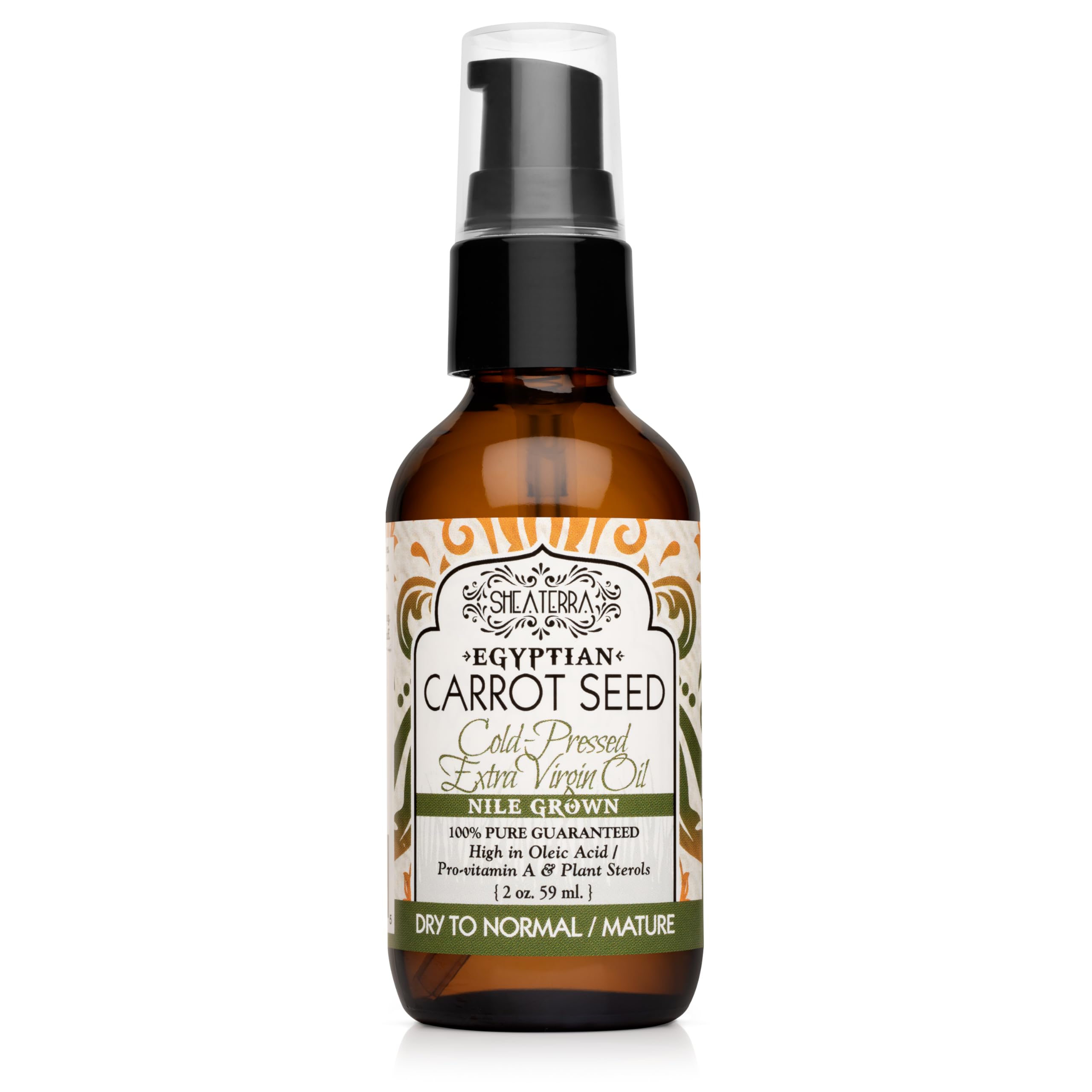 Shea Terra Egyptian carrot seed oil bottle highlighting nourishing skin benefits and antioxidant power