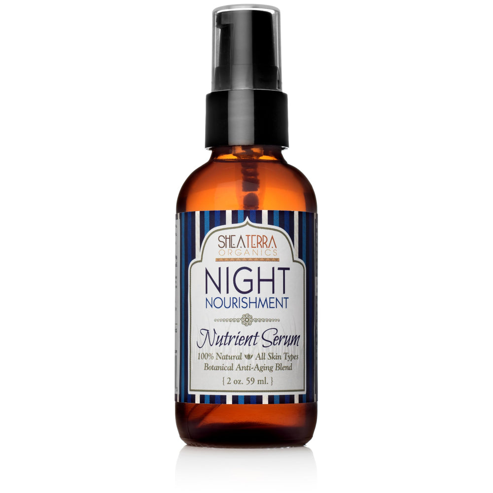Shea Terra Night Nourishment Serum bottle pour showing rich emollient texture for overnight skin care
