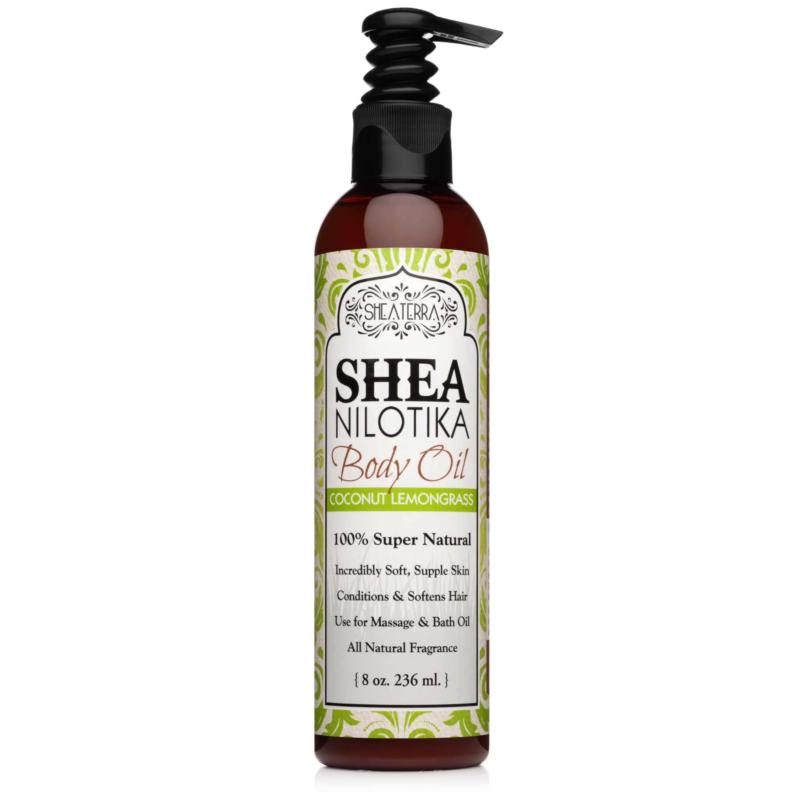 Shea Terra Nilotik’ Oil bottle with coconut lemongrass for lightweight daily moisture.