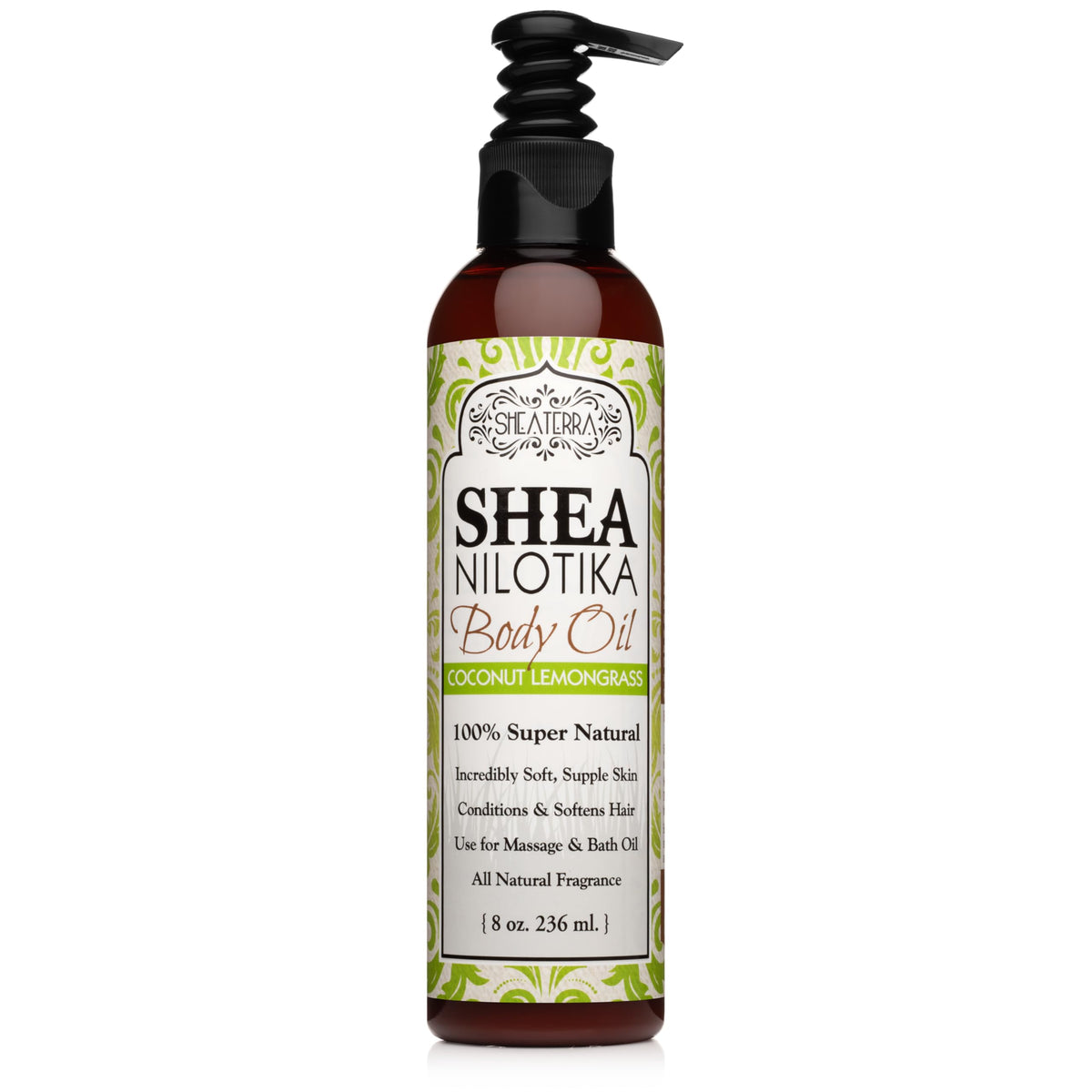 Shea Terra Nilotik’ Oil bottle with coconut lemongrass for lightweight daily moisture.