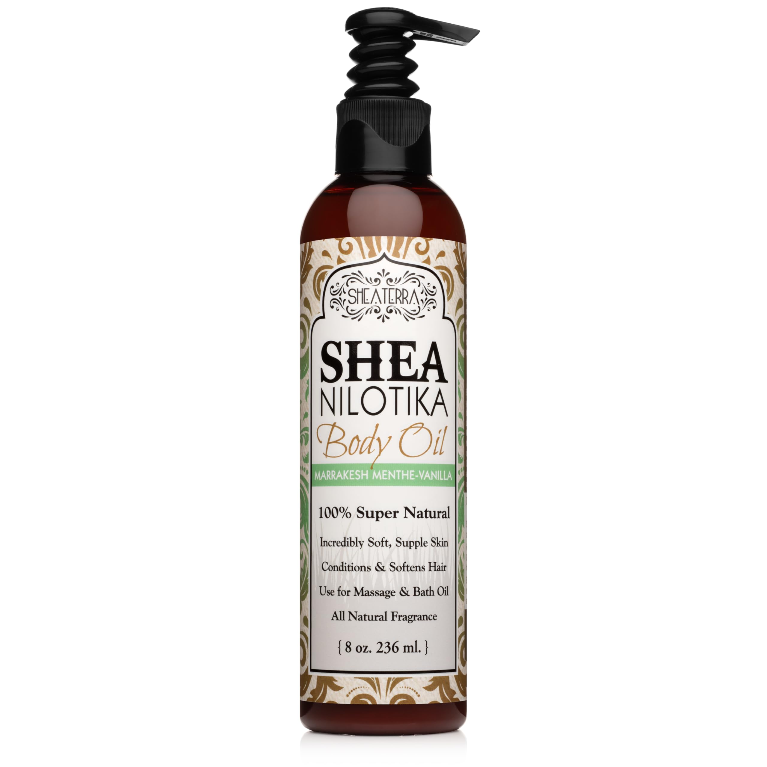 Shea Terra Nilotik Oil bottle with Marrakesh Menthe Vanilla for moisturized, supple skin