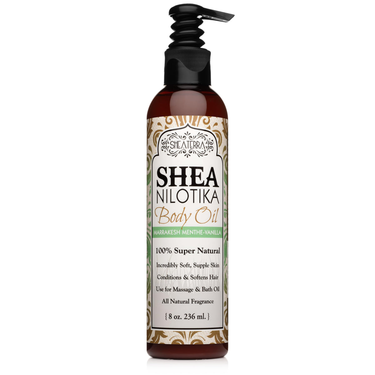 Shea Terra Nilotik Oil bottle with Marrakesh Menthe Vanilla for moisturized, supple skin