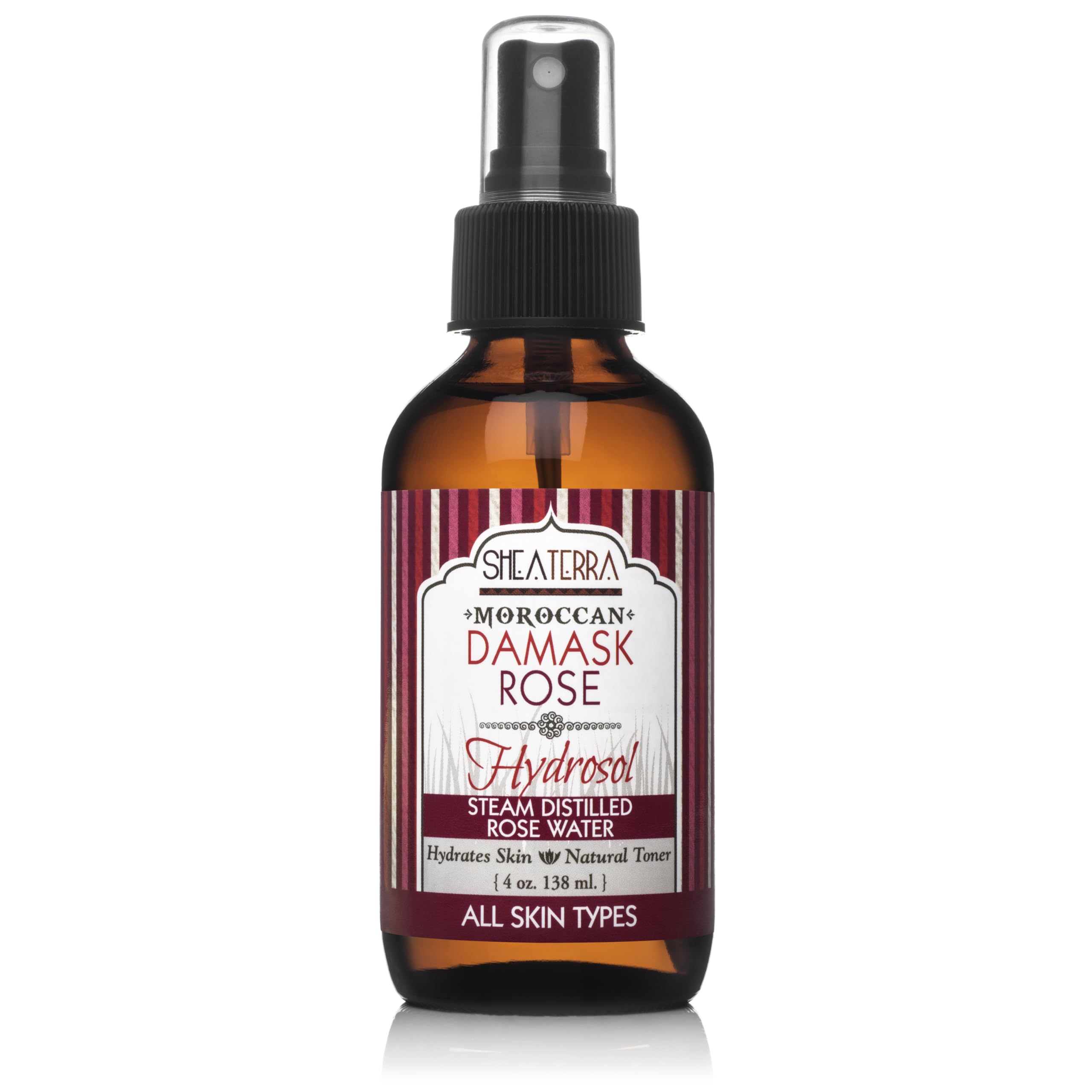 Shea Terra Organics Beauty Water Damask Rose hydrosol bottle for soothing and hydrating skin.