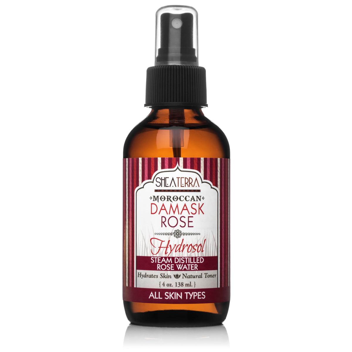 Shea Terra Organics Beauty Water Damask Rose hydrosol bottle for soothing and hydrating skin.