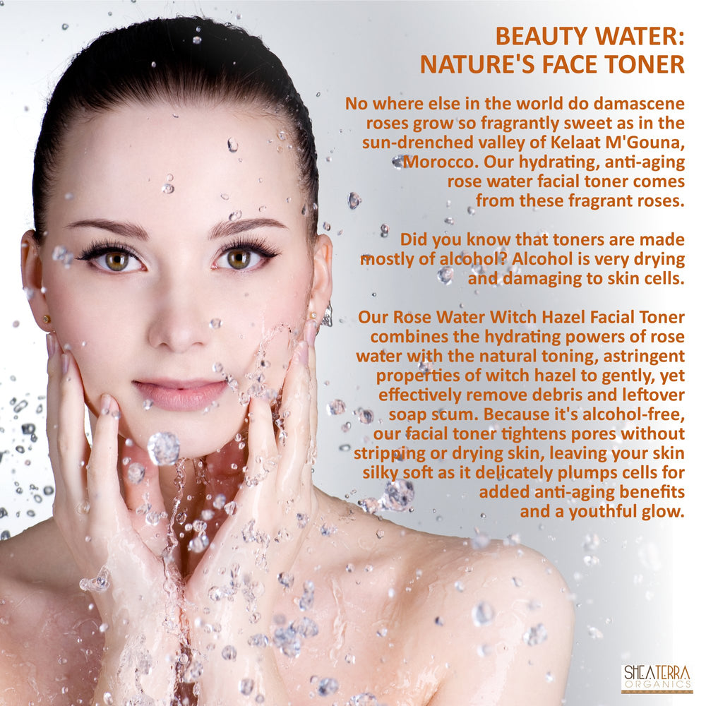 Shea Terra Organics Beauty Water application on face with a cotton pad for gentle toning.