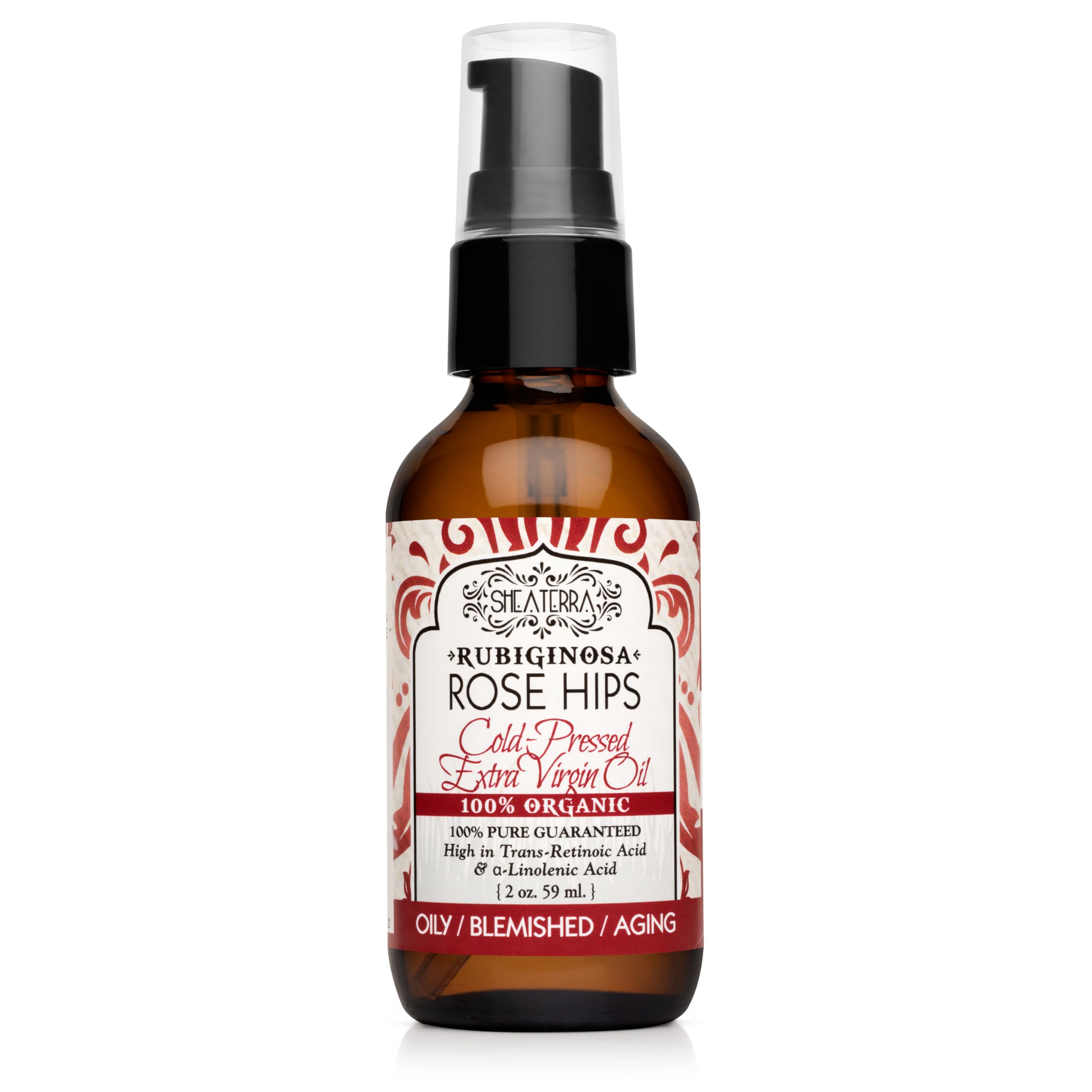 Shea Terra Rubignosa Rose Hips Oil bottle showing lightweight daily hydration.