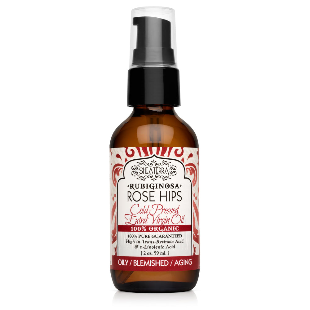 Shea Terra Rubignosa Rose Hips Oil bottle showing lightweight daily hydration.