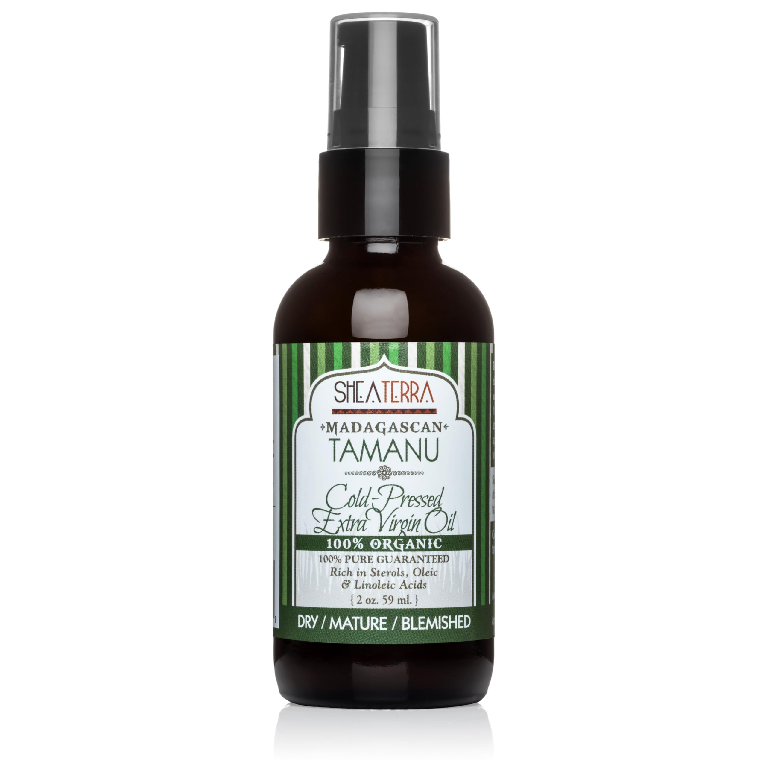 Shea Terra Madagascar Tamanu oil bottle close-up, showcasing rich hydration for skin.