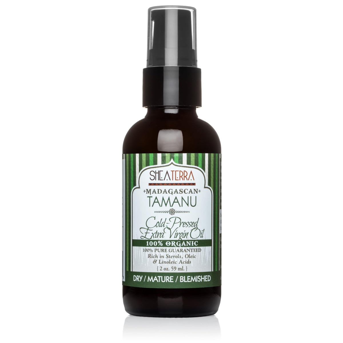 Shea Terra Madagascar Tamanu oil bottle close-up, showcasing rich hydration for skin.